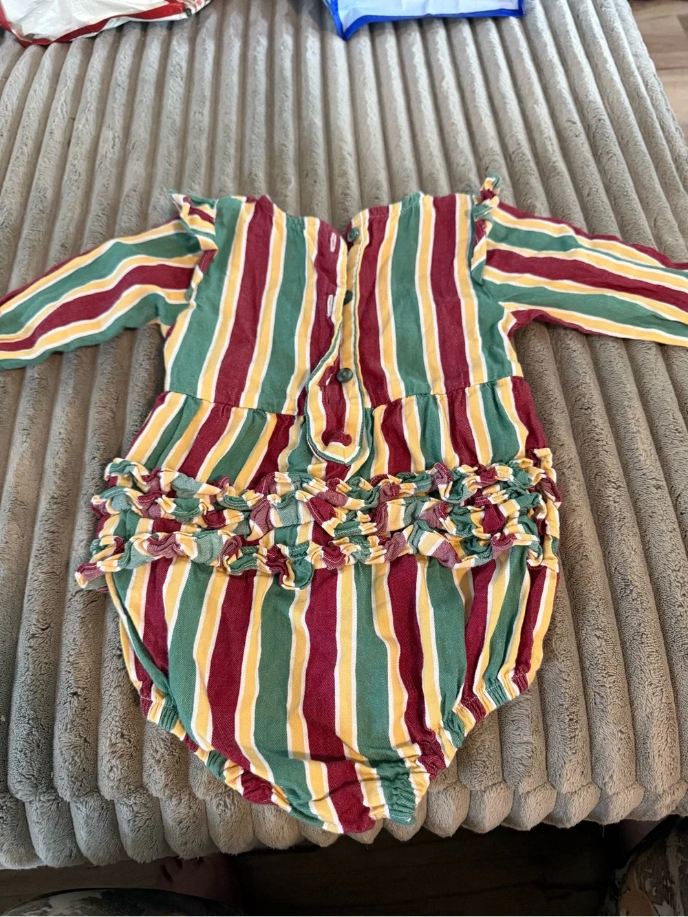Ruffle Butts Striped Romper in Red, Green & Yellow